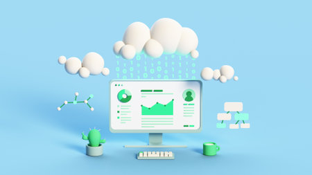 Minimal cartoon desktop and cloud storage. Hosting and computing service. 3D render illustrationの写真素材