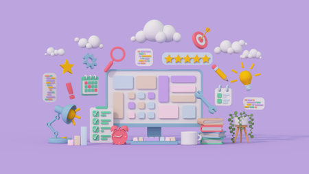 Management and office work tools. Project development concept. Minimal cartoony 3D render illustrationの写真素材