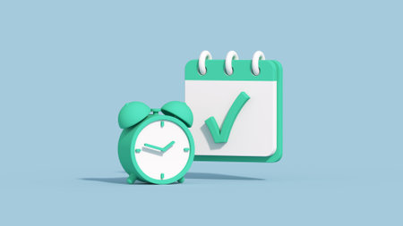 Clock and checkmark in calendar. Planning and office work concept. Minimal cartoony 3D render illustrationの写真素材