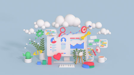 SEO marketing and web analytics concept. Minimal cartoon style 3D render illustrationの写真素材