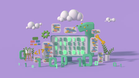 Coding and software engineering concept. Minimal cartoon style 3D render illustrationの写真素材