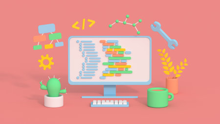 Computer software development concept. Minimal cartoon style 3D render illustrationの写真素材