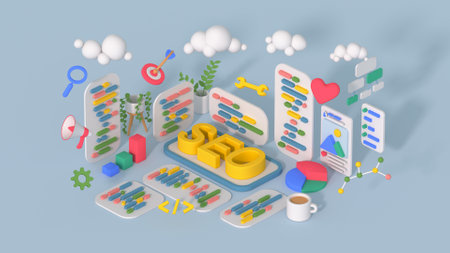 Digital marketing and SEO isometric design. Minimal cartoon style 3D render illustrationの写真素材