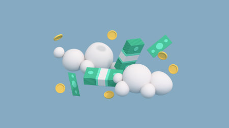 Minimal cartoon style money and clouds. Saving and investment concept. 3D render illustrationの写真素材