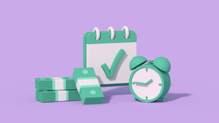 Concept of business and time management. Cash bundles clock and planning book. 3D cartoon minimal illustrationの写真素材