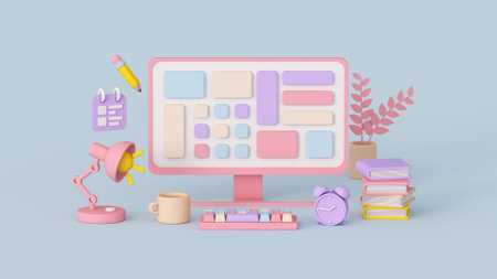 Business and productivite work or study concept. Isometric minimal cartoony design. Minimal cartoony 3D render illustrationの写真素材