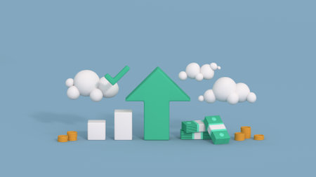 Uptrend chart showing positive statistics. Minimal cartoon style 3D render illustrationの写真素材