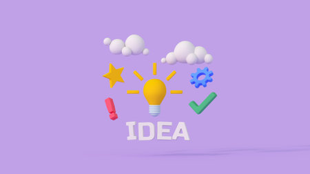 Concept of creative thinking and innovation idea with lightbulb. Minimal cartoon style 3D render...