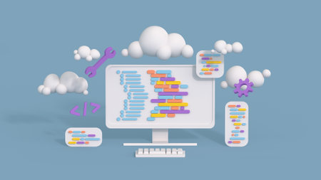 Minimal desktop with coding symbols and programming windows. Cute cartoon style 3D render illustrationの写真素材