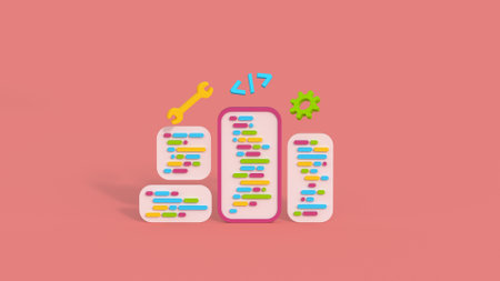 Mobile application software and web development concept. Minimal cartoon style 3D render illustrationの写真素材