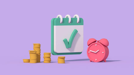 Concept of work planning. Clock coins and calendar. 3D cartoon minimal illustrationの写真素材
