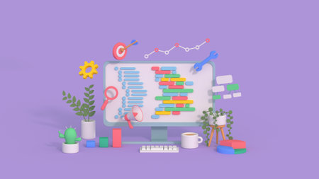 Web building and SEO marketing concept. Minimal cartoon style 3D render illustrationの写真素材