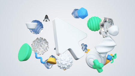 Cursor arrow pointer and geometric shapes. 3D Render