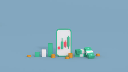 Mobile phone and cash. Trading and investment concept. Minimal cartoon style 3D render illustration