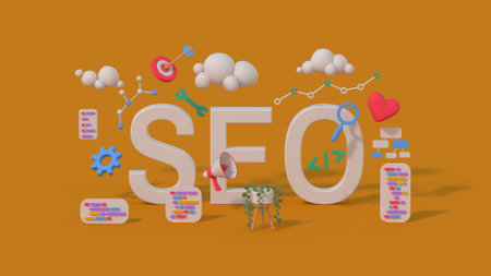SEO optimization marketing concept. Minimal cartoon style 3D render illustrationの写真素材
