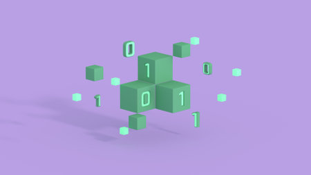 Cube with binary code. Minimal cartoony technology metaphor. 3D renderの写真素材