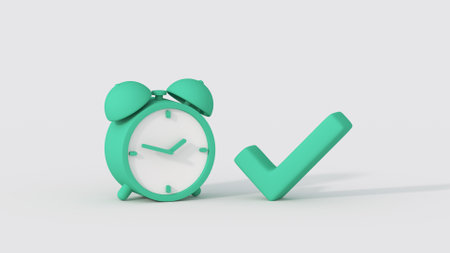 Green clock and check mark. Minimal cartoony 3D render illustration