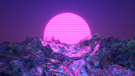 Futuristic fantasy landscape of glass planet. Cyber neon synthwave 3D Renderingの写真素材