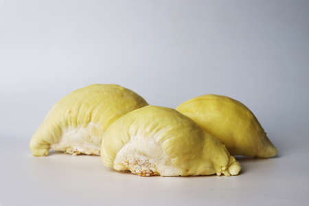 Fresh-cut durian pulp isolated on white background - Durian, the king of topical fruit, rich of smell, sweet and creamyの写真素材