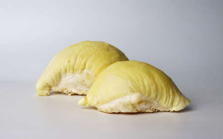 Fresh-cut durian pulp isolated on white background - Durian, the king of topical fruit, rich of smell, sweet and creamyの写真素材