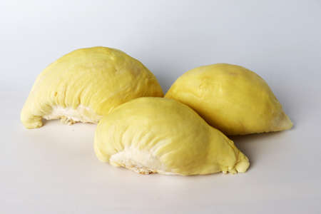 Fresh-cut durian pulp isolated on white background - Durian, the king of topical fruit, rich of smell, sweet and creamyの写真素材