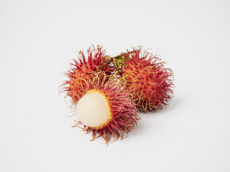 Rambutan fruit on white background. Rambutan is a popular fruit in Thailand.の写真素材