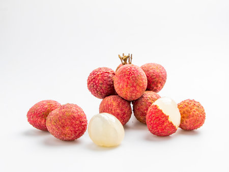 Fresh lychee fruit on white background, Litchi chinensisの写真素材
