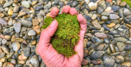 HAND HOLDING GREEN GRASS ON A BACKGROUND OF STONESの写真素材