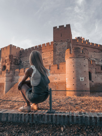 Blonde-haired woman sitting on a wall looking at the castle and its towers with moat in front at sunset.の写真素材