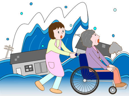 Wheelchair man displaced by the tsunami and caregiversのイラスト素材