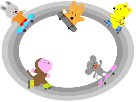 Title frame of the animals are enjoying roller skating and skateboarding.のイラスト素材