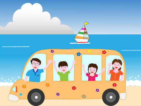 Family at the beach bus travelのイラスト素材