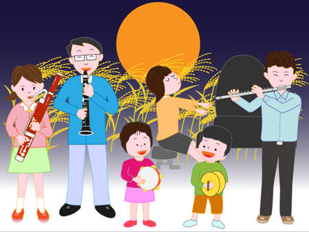 Night of the full moon of autumn with family concertsのイラスト素材