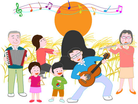Night of the full moon of autumn with family concertsのイラスト素材