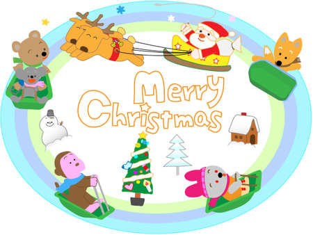 Santa Claus on Christmas day with the animals play in the winter sports.のイラスト素材