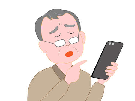 Men's reading glasses over the smart phone for the elderlyのイラスト素材