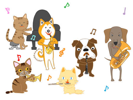 The concert of cats and dogs. Cats and dogs are playing musical instruments.のイラスト素材