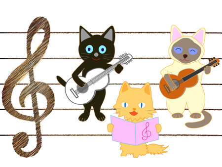 The concert of the cat. The cat is playing guitar.のイラスト素材
