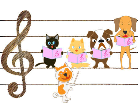 The concert for dogs and cats. Dogs and cats are singing and playing musical instruments.のイラスト素材