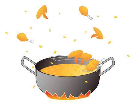 cook fried food in a frying pan concept illustrationのイラスト素材