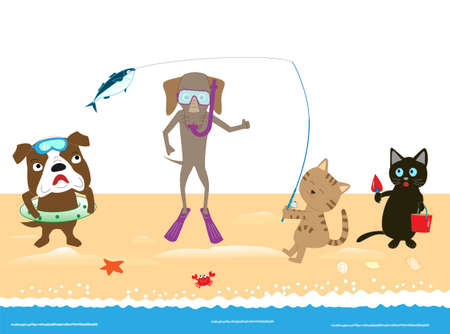 Pets playing in the sea. Background material for summer.のイラスト素材