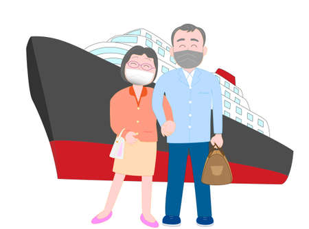 Elderly couples enjoy traveling with a mask to prevent infection of the new coronavirusのイラスト素材