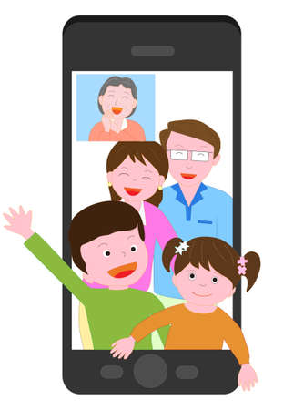 Elderly people video-communicate with their grandchildren on their smartphonesのイラスト素材