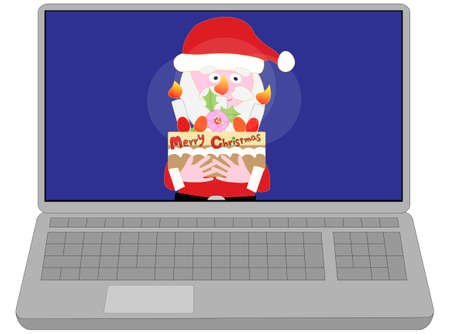 Santa Claus is presenting Christmas cake online.のイラスト素材