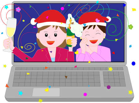 I'm enjoying Christmas at an online party.のイラスト素材