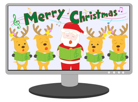 Santa Claus and Reindeer performing Christmas concerts online.のイラスト素材