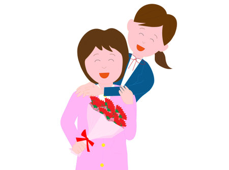 Woman given bouquet of flowers on Mother's Day by high school student childのイラスト素材