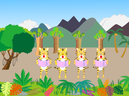 Reiwa 1980 New Year's card material. Tora plays and sings musical instruments.のイラスト素材