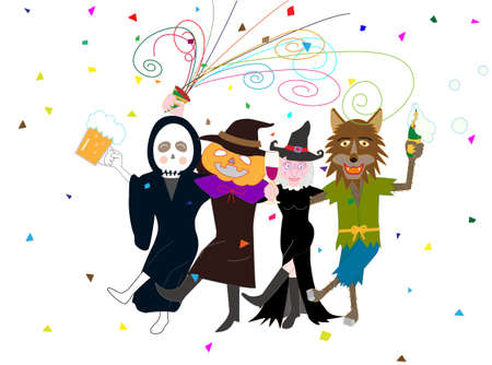 Witches and jack-o'-lanterns drinking and dancing in celebration of Halloween.のイラスト素材