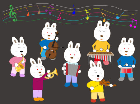 Rabbit concert. Rabbit singing or playing a musical instrumentのイラスト素材